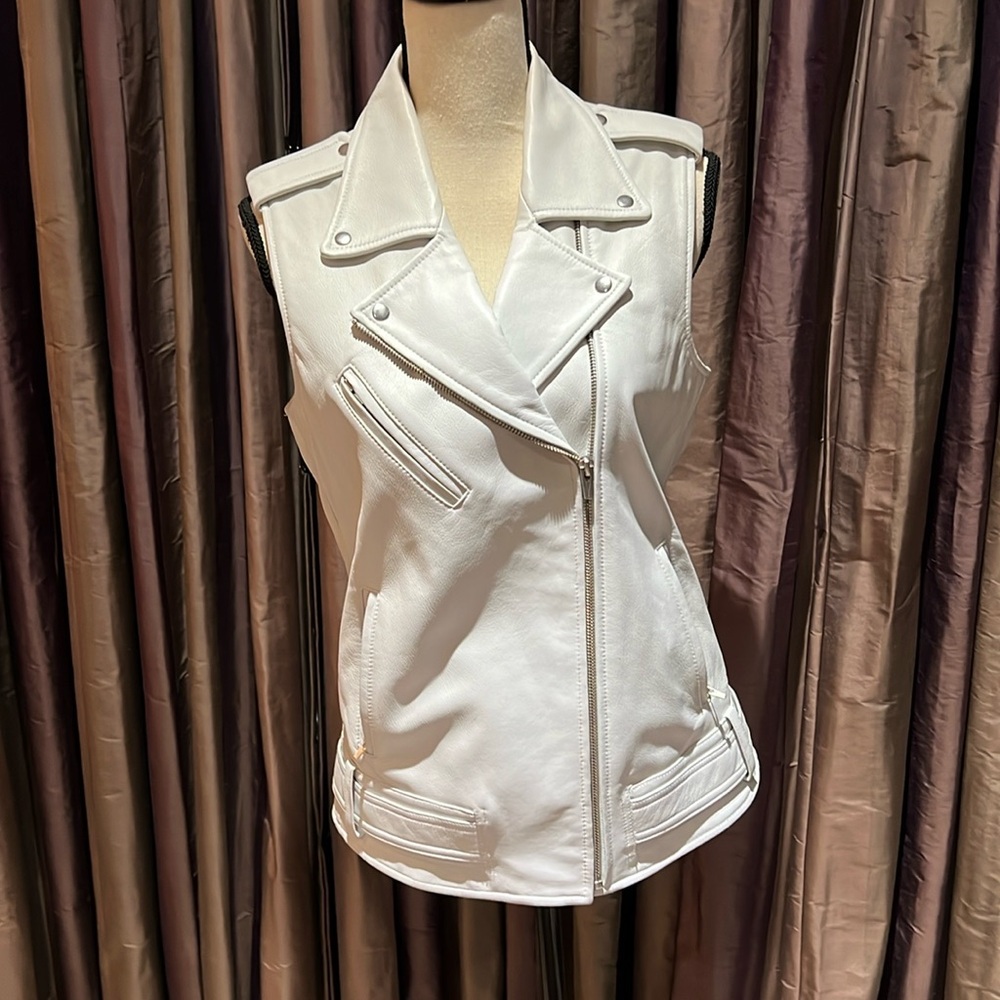VEDA White Leather Moto Vest